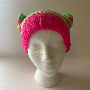 Crochet cat beanie handmade new pink lime